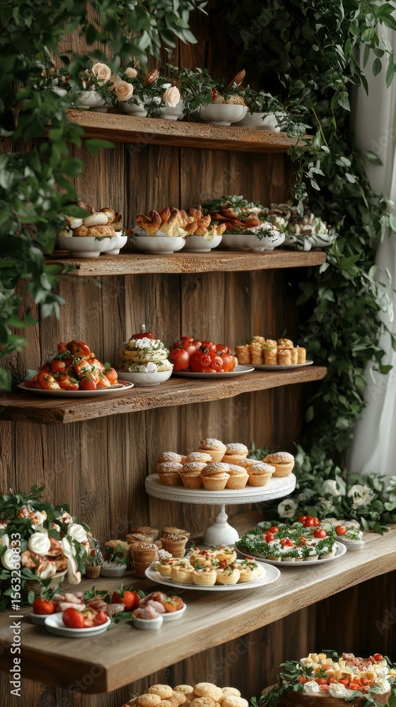 Fototapeta premium Delightful dessert display featuring an array of treats in a rustic setting with greenery