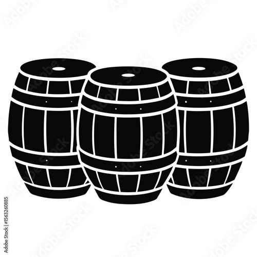 Three black barrels with white bands wood storage