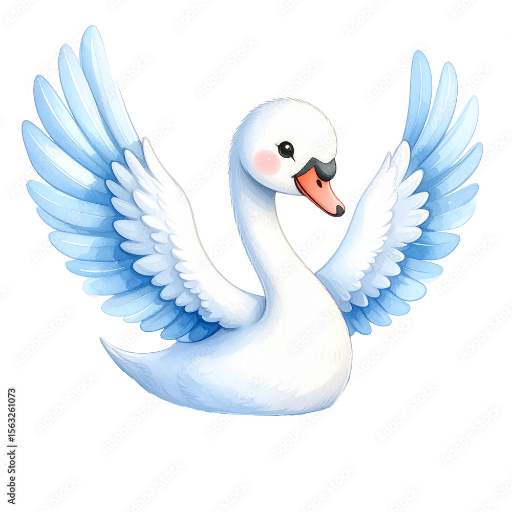 Obraz premium Swan of Serenity: A captivating illustration of a serene swan, with its radiant white plumage and delicate blue wings. A symbol of grace and purity.