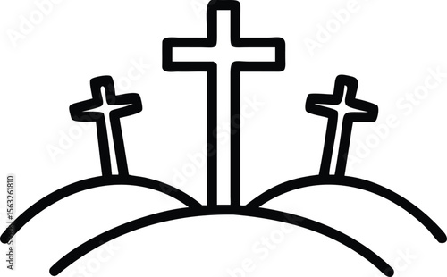 Three crosses on hills illustration in simple bold outline style