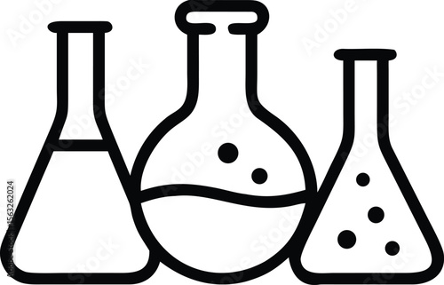 Three laboratory flasks with liquid in outline style illustration for science