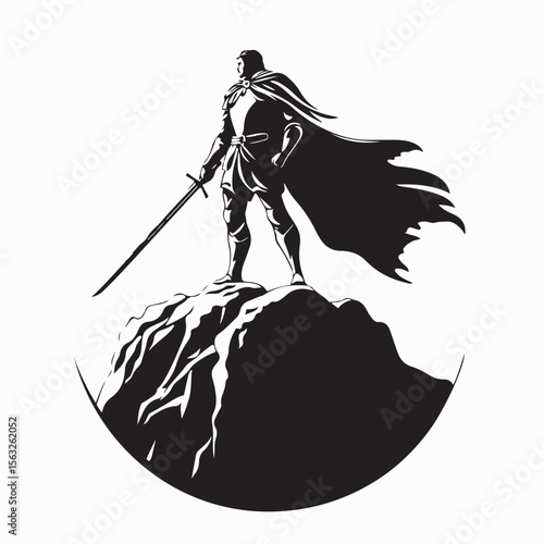 Armored Knight with Sword Standing on a Rocky Cliff image vector.