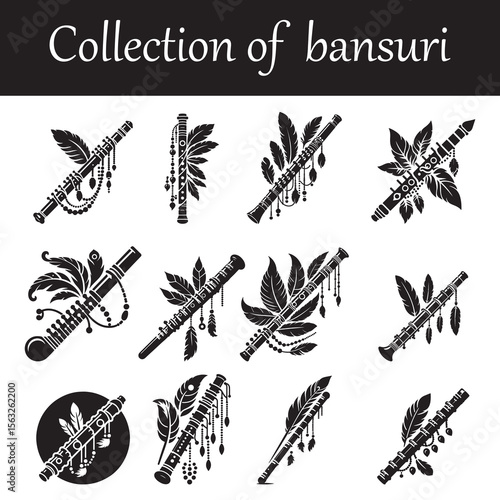 Minimal silhouette Collection of bansuri Indian flute with feathers and beads, black vector icon on white background
