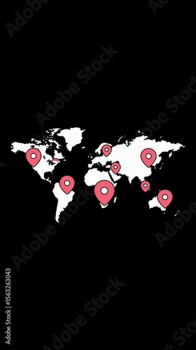 World map with countries borders and red location pointers in white map. Vertical screen black background looping animation