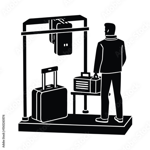 Black and white silhouette illustration depicting a traveler at an airport baggage screening check