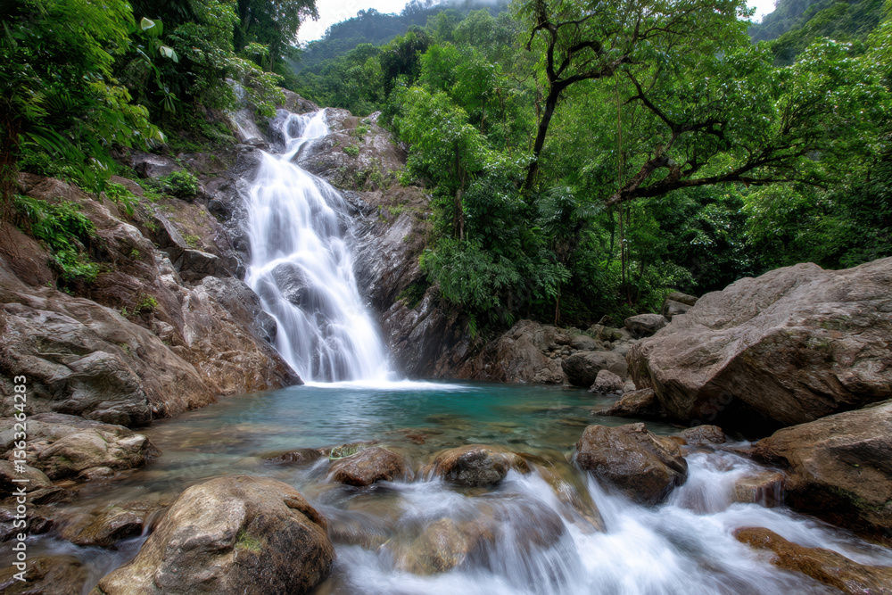 Fototapeta premium Beautiful waterfall cascading into a serene pool in a lush forest during daylight hours