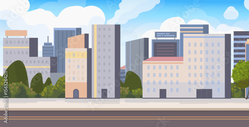 Horizontal cityscape. Modern urban landscape with towering multi-story buildings, trees and road. Metropolis skyline. Downtown on summer day. Vector illustration. Not AI generated