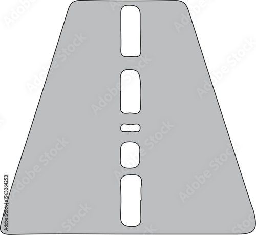 A gray road sign with white dashed lines in a trapezoid shape design