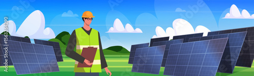Technician standing by a solar farm, reflecting progress in renewable solutions. Green technology. Vector Not AI generated