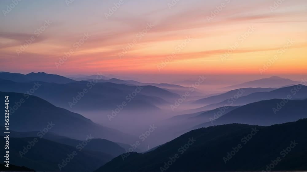 Serene Sunset: Misty Mountain Ranges at Dawn, Breathtaking Panorama Serene Sunset: Misty Mountain Ranges at Dawn, Breathtaking Panorama