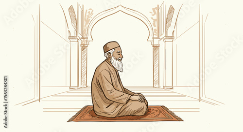 Elderly Muslim man praying quietly on rug inside a mosque  