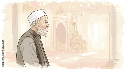 Elderly Muslim man standing quietly in mosque with soft light  
