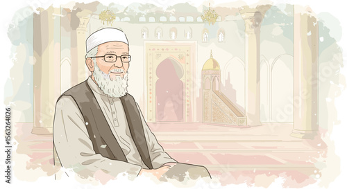 Elderly Muslim man sitting peacefully in mosque with soft colors  