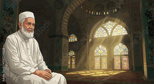 Elderly Muslim man sitting in mosque with sunlight streaming through windows  