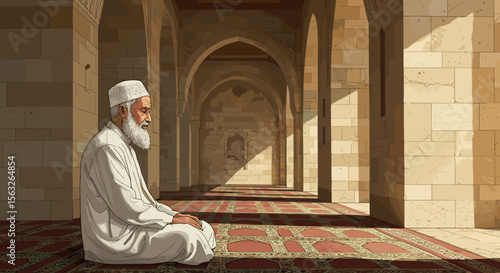 Elderly Muslim man meditating in mosque hallway with warm lighting  