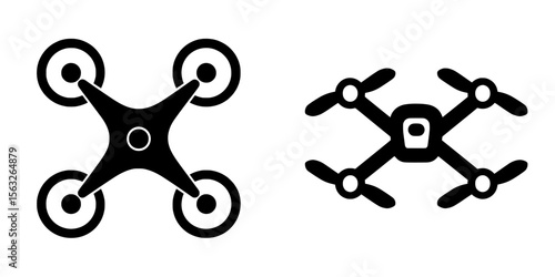 A quadcopter's modern silhouette is set against a white background filled with black