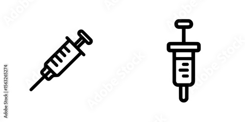 A minimalist illustration of a black syringe with a needle on a white background symbolizes medical injections, vaccinations, and healthcare in a contemporary style