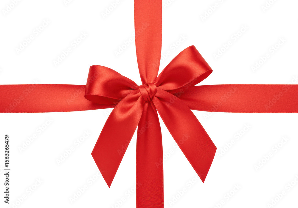 Vibrant red satin ribbon tied into an elegant bow, forming a cross pattern, shot top-down on a pristine transparent background with extensive copy space, no shadows, gift-wrapping and holiday Vibrant red satin ribbon tied into an elegant bow, forming a cross pattern, shot top-down on a pristine transparent background with extensive copy space, no shadows, gift-wrapping and holiday