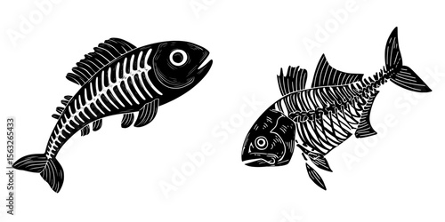 A black silhouette of a fish skeleton is isolated on a white background, symbolizing a modern icon