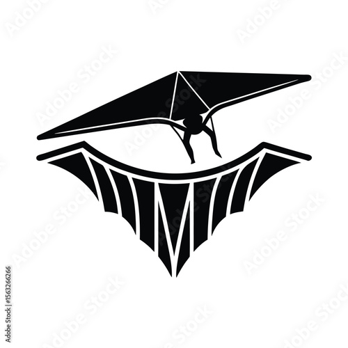 Black silhouette design featuring hang glider and stylized wing shape graphic
