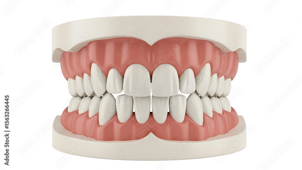 Obraz premium 3D model of a human jaw with teeth and gums, isolated on white background.