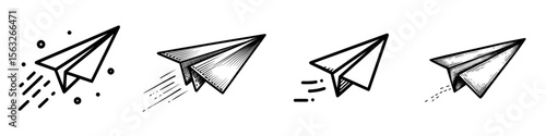 A modern black and white icon depicting a paper airplane in motion symbolizes email, digital communication, or speedy delivery with a minimalist and dynamic aesthetic on a transparent background