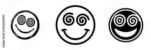 A basic black and white smiley face icon featuring spiral eyes and a lively expression