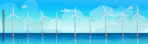 Wind turbines generating clean green energy in the ocean or at sea. Vector Not AI generated