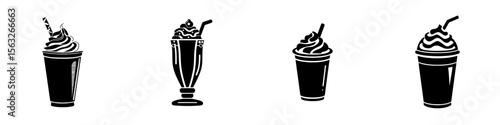 A simple modern art icon of a milkshake is represented by a black silhouette of soft drinks milkshake