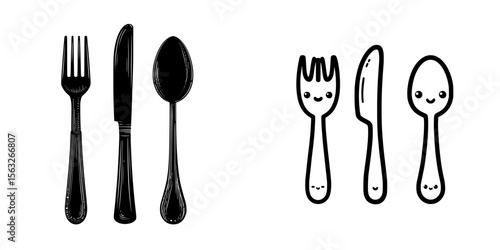 A black silhouette icon of a fork, knife, and spoon is set against a white background