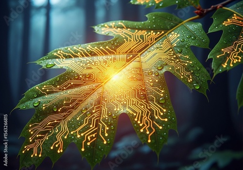 Green leaf with intricate glowing orange circuit board patterns and water droplets