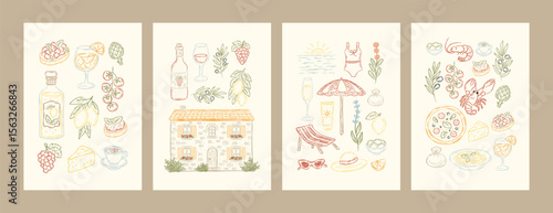 Hand drawn sketch Italian summer food travel poster set with food, drinks, herbs, houses, olives, lemons, seafood, beach elements in vintage rustic style for kitchen, restaurant wall design.