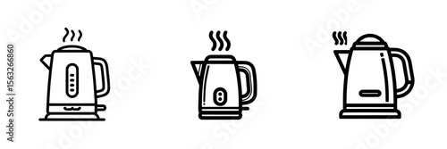 A black outline image of an electric kettle emitting steam on a white background is presented