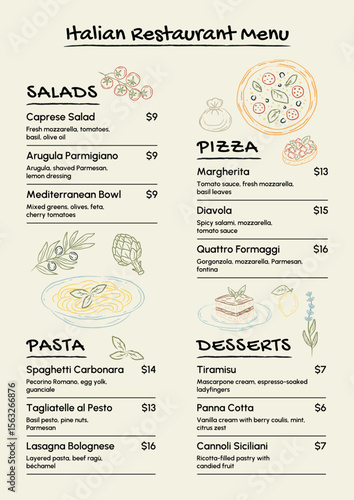 Hand drawn Italian restaurant menu template with vintage food sketch of pizza, pasta, desserts, herbs in rustic Mediterranean style. Vector illustration for cafe, bar.