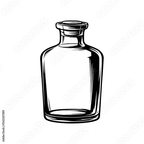 A white background highlights the silhouette of a glass bottle that is filled with liquid