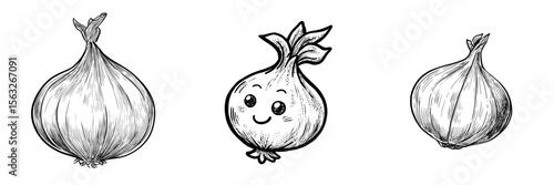 The icon of an onion vegetable is depicted in a black and white sketch style