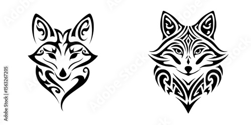 A simple and modern fox face tribal tattoo design stencil is set against a white background in a minimalist and flat style illustration