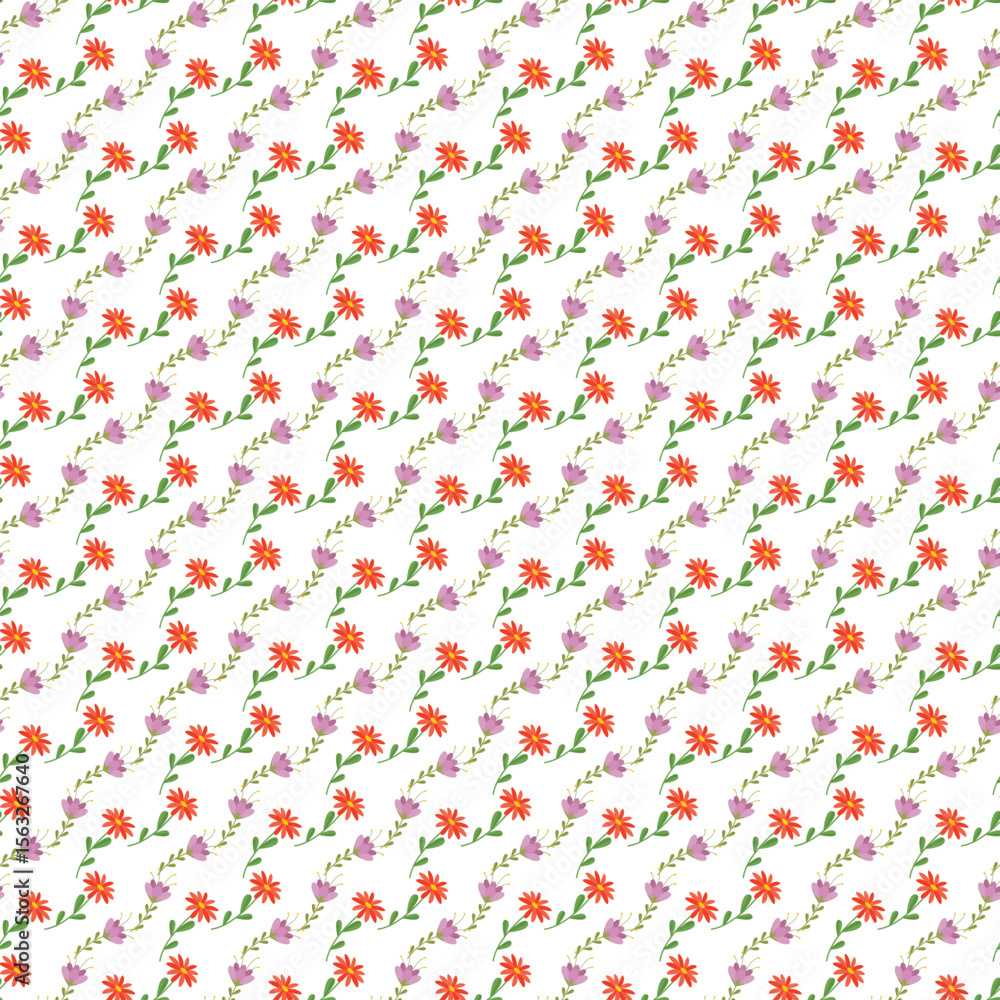 Obraz premium Seamless Floral Pattern Featuring Red and Purple Blossoms with Green Leaves