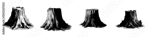 A tree stump's stark black shape is set against a white background