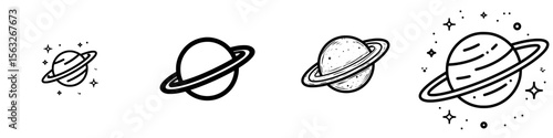 A planet featuring a ring icon is depicted in a minimalist black line style set against a white background