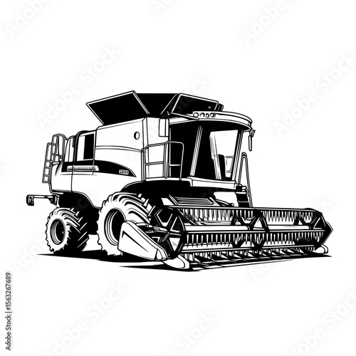 A modern combine harvester is depicted in a black and white silhouette with a wide header