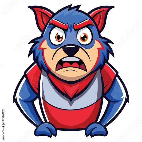 Angry cartoon animal in blue and red uniform