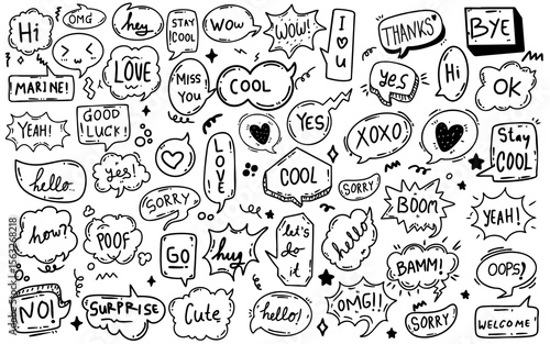set of cute speech bubble eith text in doodle hand drawn style