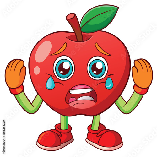 An apple character with a worried expression, showing fear and tears