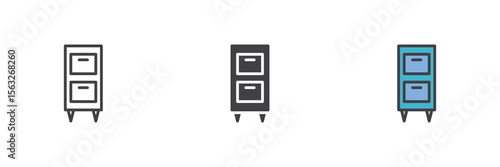 Filing cabinet icon set in line, solid and filled outline style