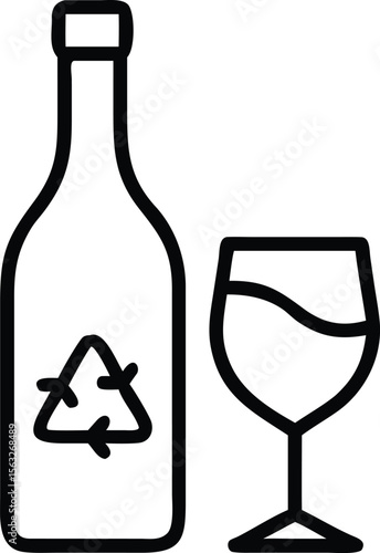 Wine bottle with recycle symbol and wine glass simple line icon