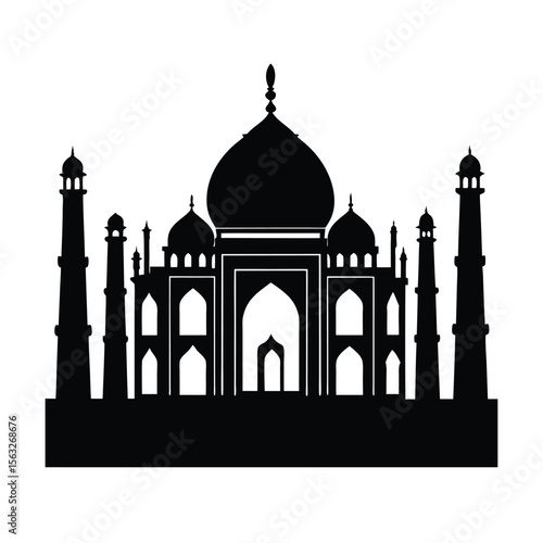 Elegant black silhouette of the iconic taj mahal mausoleum in agra india against a white background