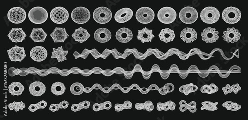 Futuristic 3D Sci-fi elements. Geometric spheres with glitch and liquid effect, wireframe 3d spaces, mechanical drawings, Sci-fi objects, landscape of the area.