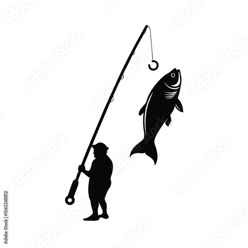 Fisherman silhouette holding fishing rod with a large fish in a catching moment on white background