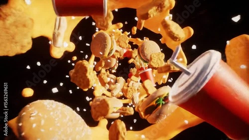 Close up view of assorted fast food items and drinks floating in a splash of sauce